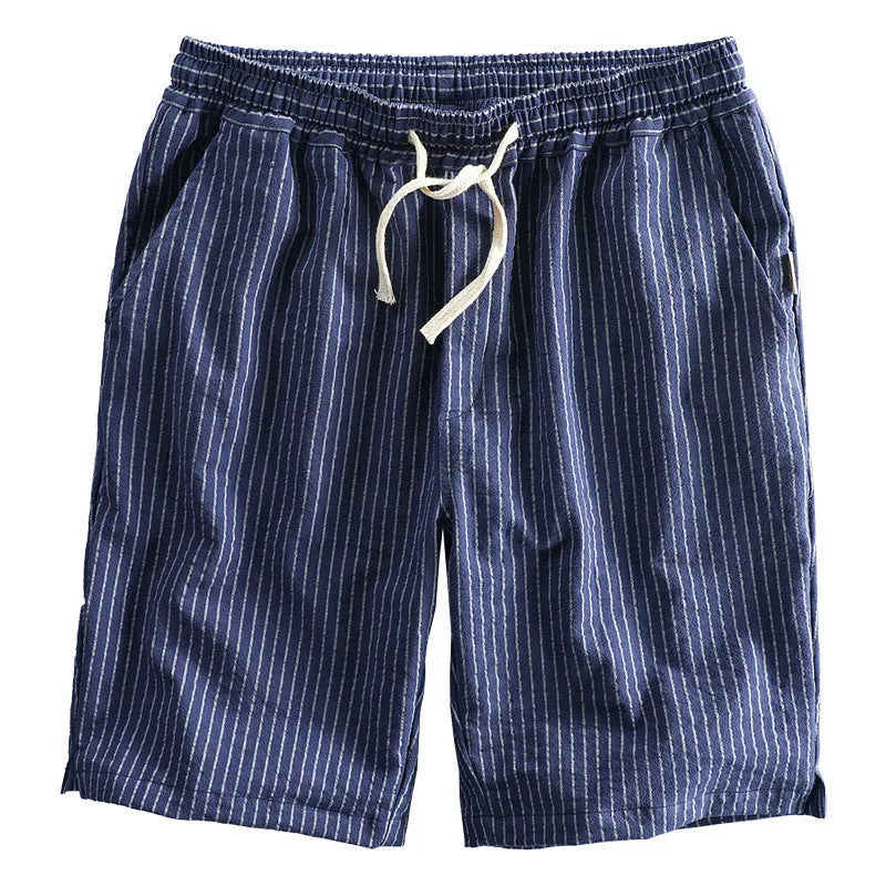 Men's striped cotton shorts with micro elasticity in loose straight fit showing seven colour options