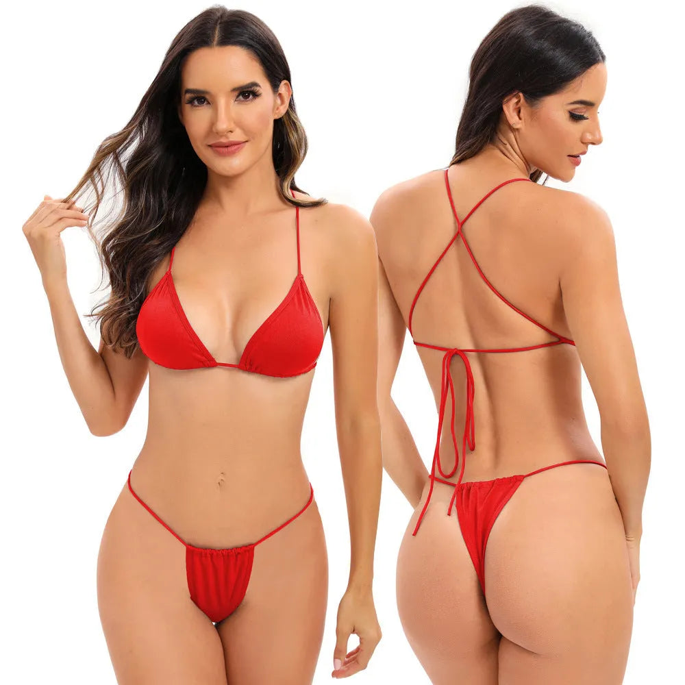 Women's candy coloured bikini with multiple cross straps and split briefs, available with or without chest pads.