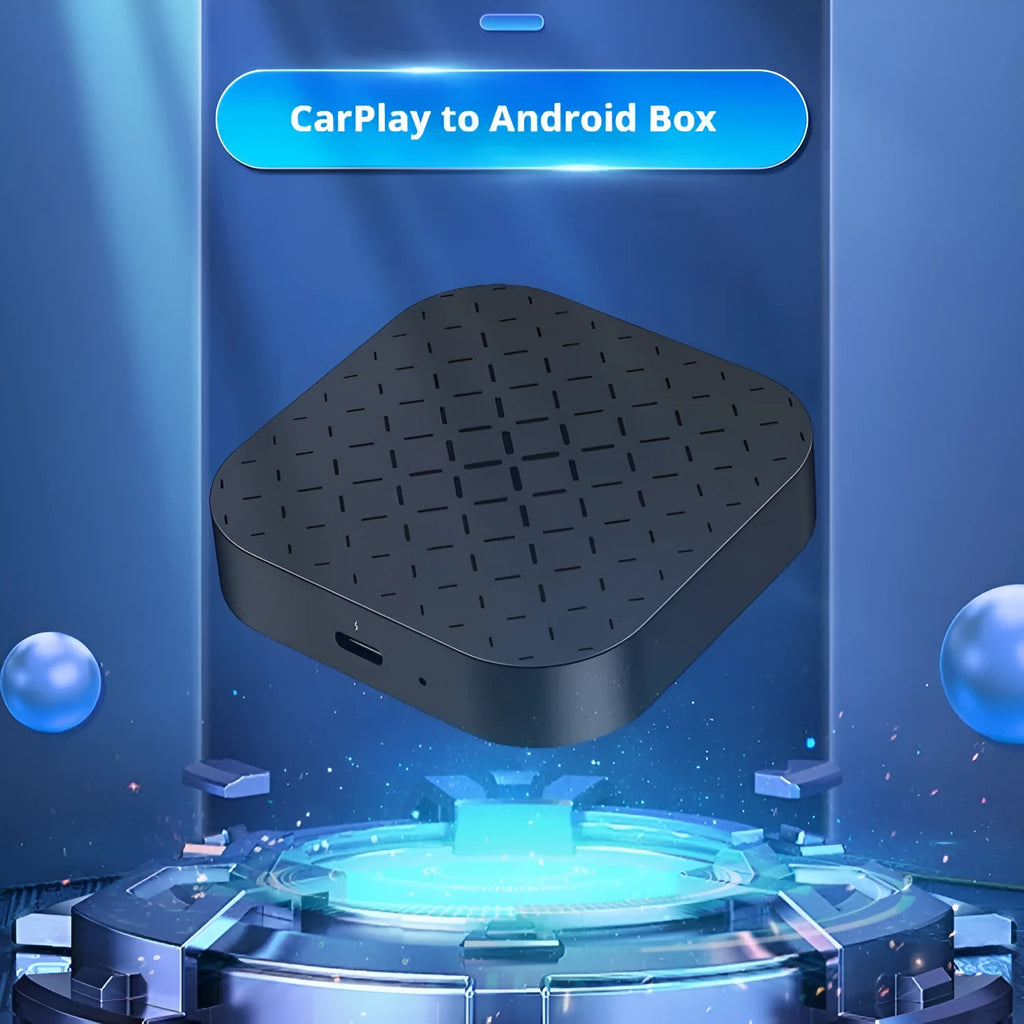 Black Android CarPlay wired to wireless converter adapter box with data cables