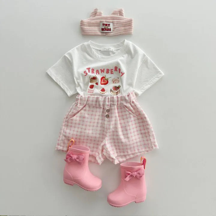 Children's short sleeve cotton t-shirt with cartoon strawberry food pattern in white and brown, size 100cm