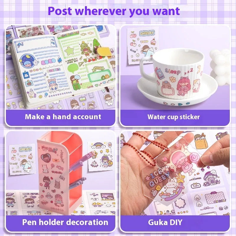 Box of children's printed stickers with cute meatball, peach tea, and space themed designs.