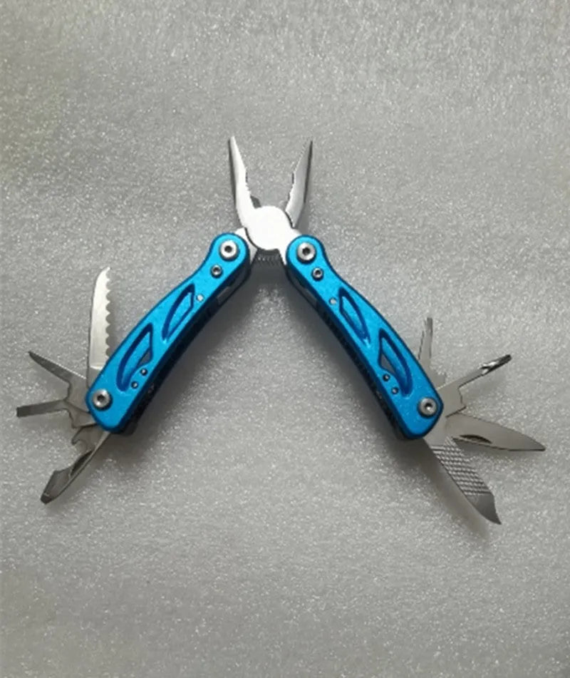 Blue multi-function stainless steel pliers with folding knife shown with Oxford storage bag