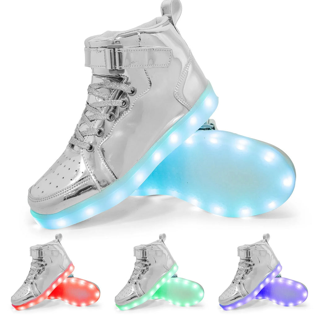 LED light up high-top sneakers in multiple colours on a dark background, showing Velcro strap and illuminated soles.