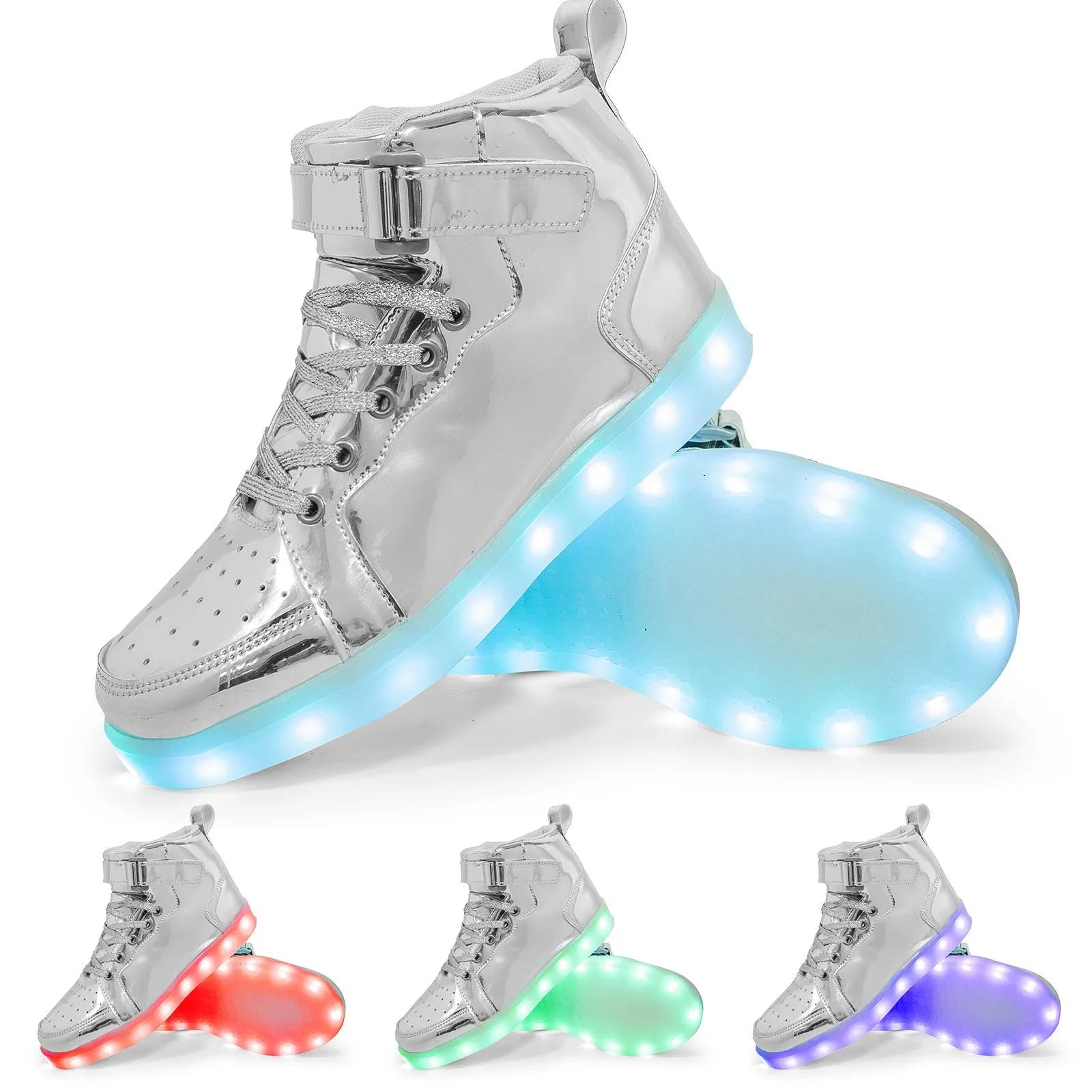 LED light up high-top sneakers in multiple colours on a dark background, showing Velcro strap and illuminated soles.