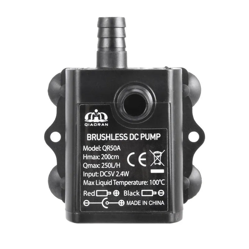Micro brushless DC submersible pump with black PC+ABS body, 8mm inlet and outlet, and filter