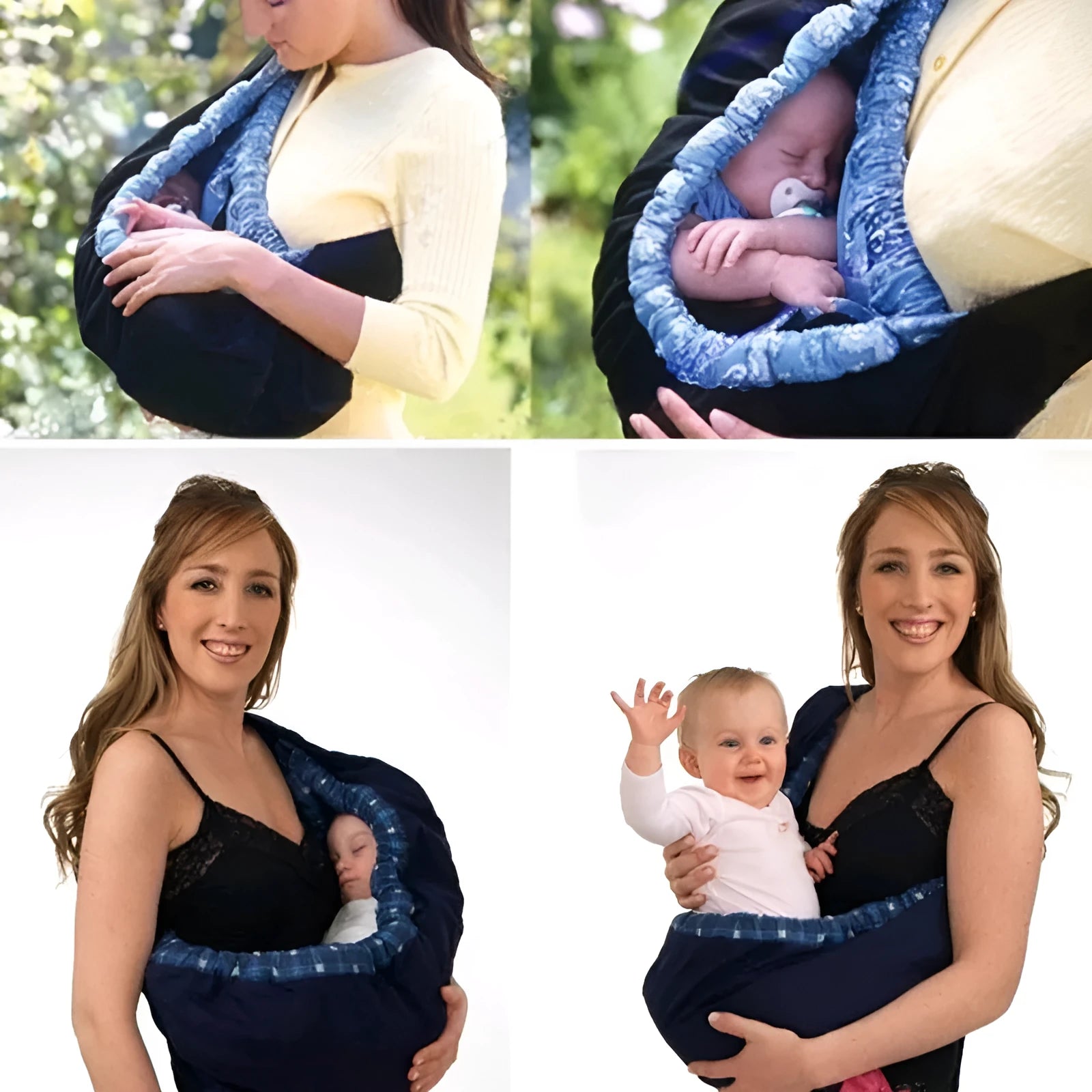 Newborn baby carrier sling in blue plaid fabric with one-shoulder cross-arm strap.