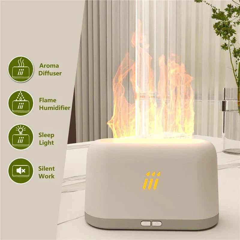 Ultrasonic essential oil diffuser with flame-inspired LED lights, providing relaxing aromatherapy and soothing ambiance for home decor