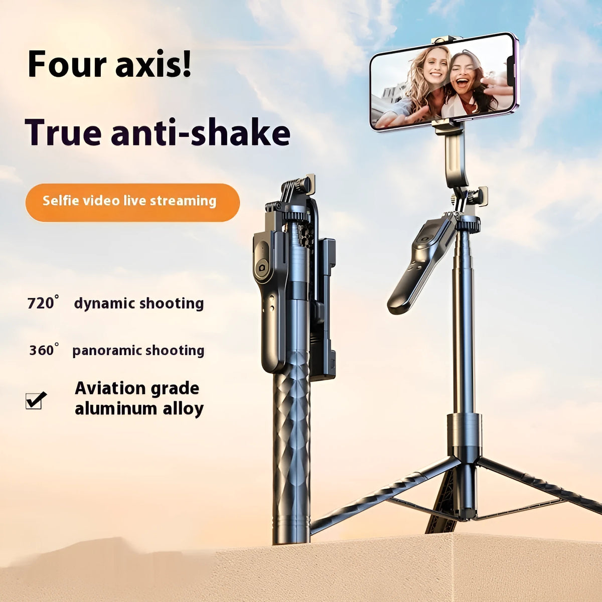 Mobile phone Bluetooth selfie stick stabilizer floor stand with gold aluminium tube and remote control at 1.75m height