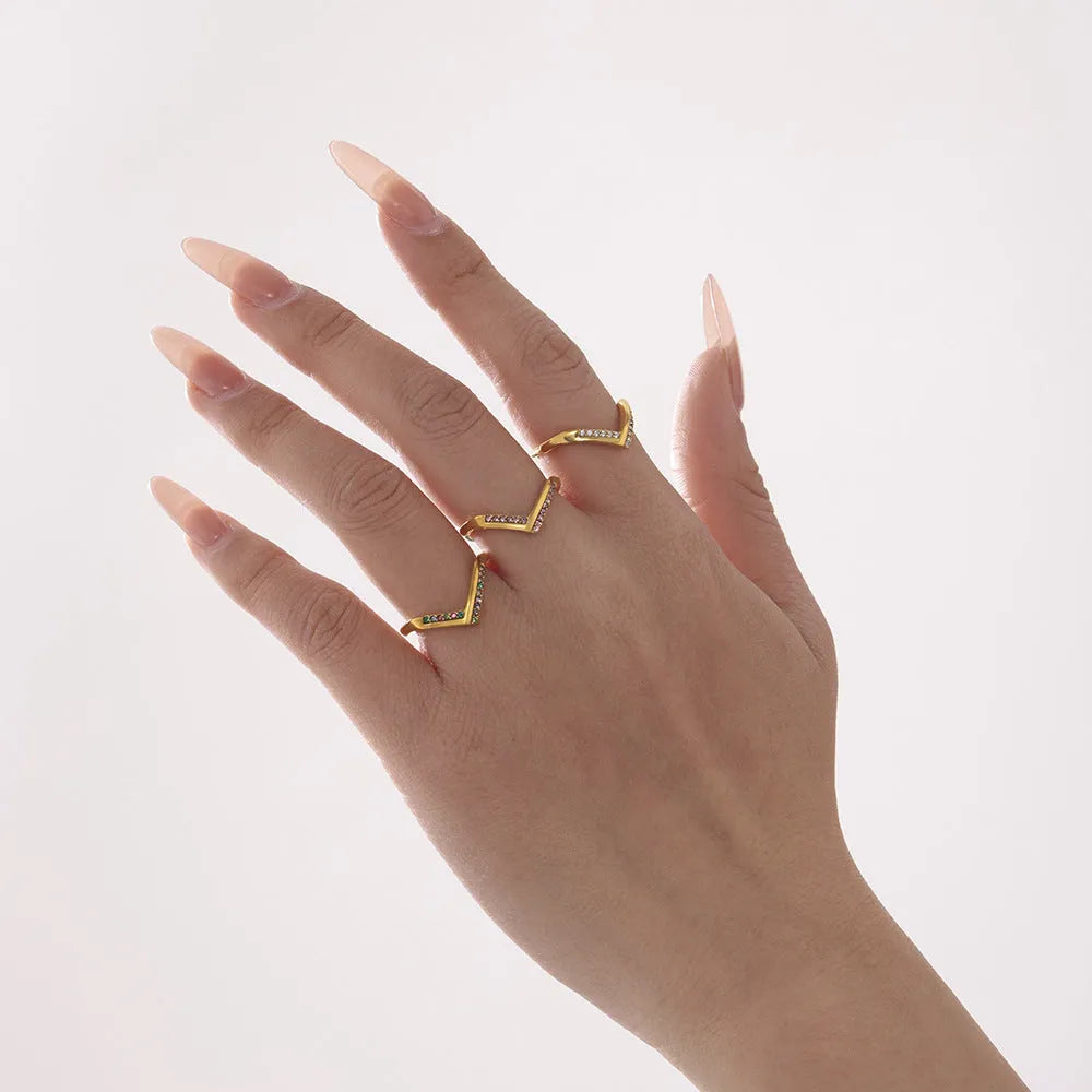 Stainless steel ring for women adjustable size 7 geometric shape gold white zircon finish