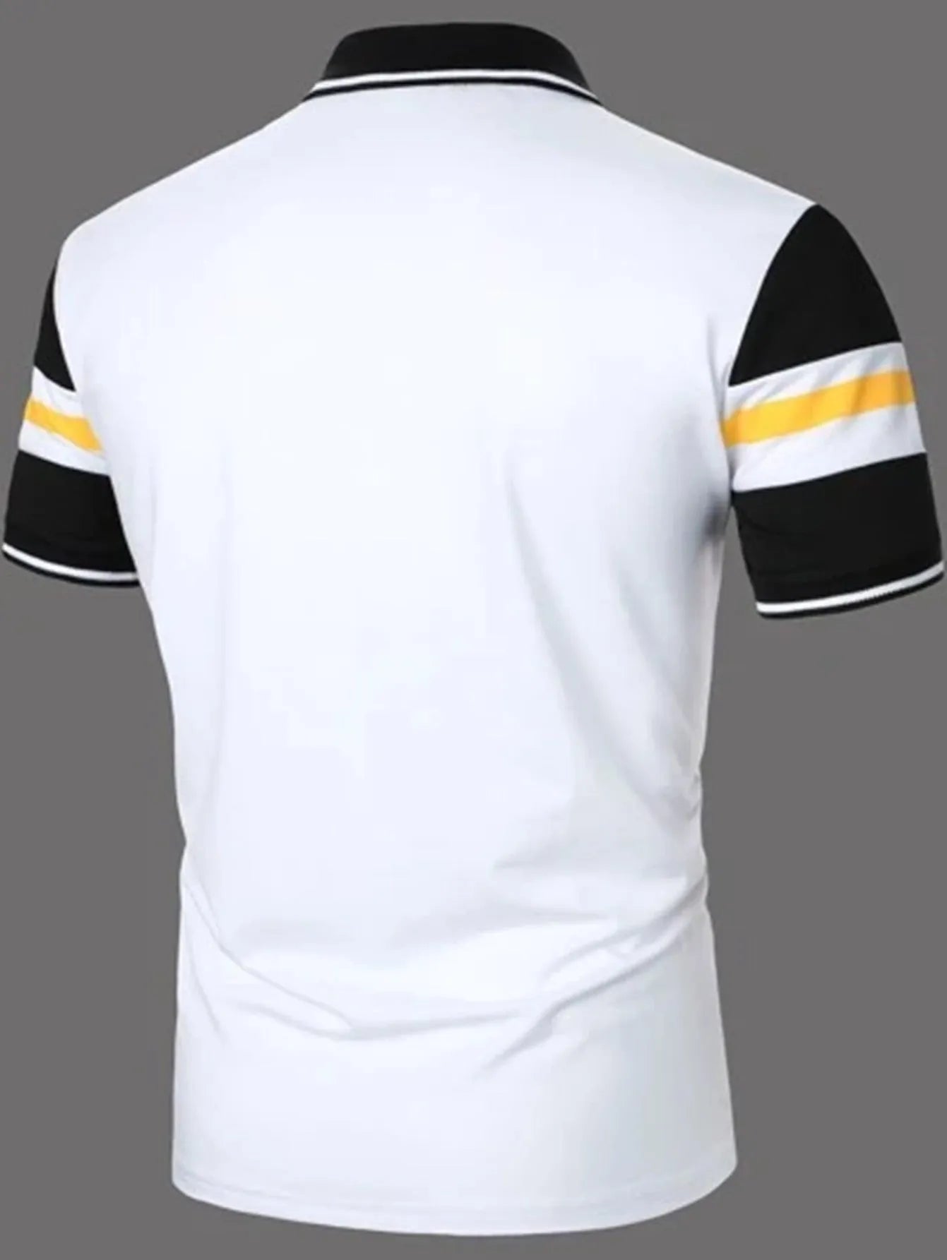 Men's striped white short sleeve button polo shirt with slim fit and side slits