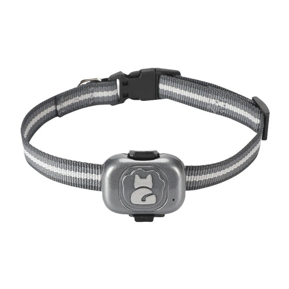 Black pet GPS tracker with hanging rope for dog or cat collar attachment