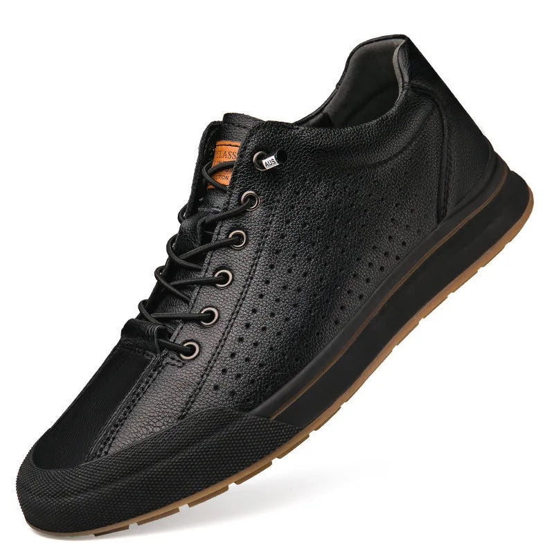 Men's white matte leather casual shoes with flat heel and round toe design