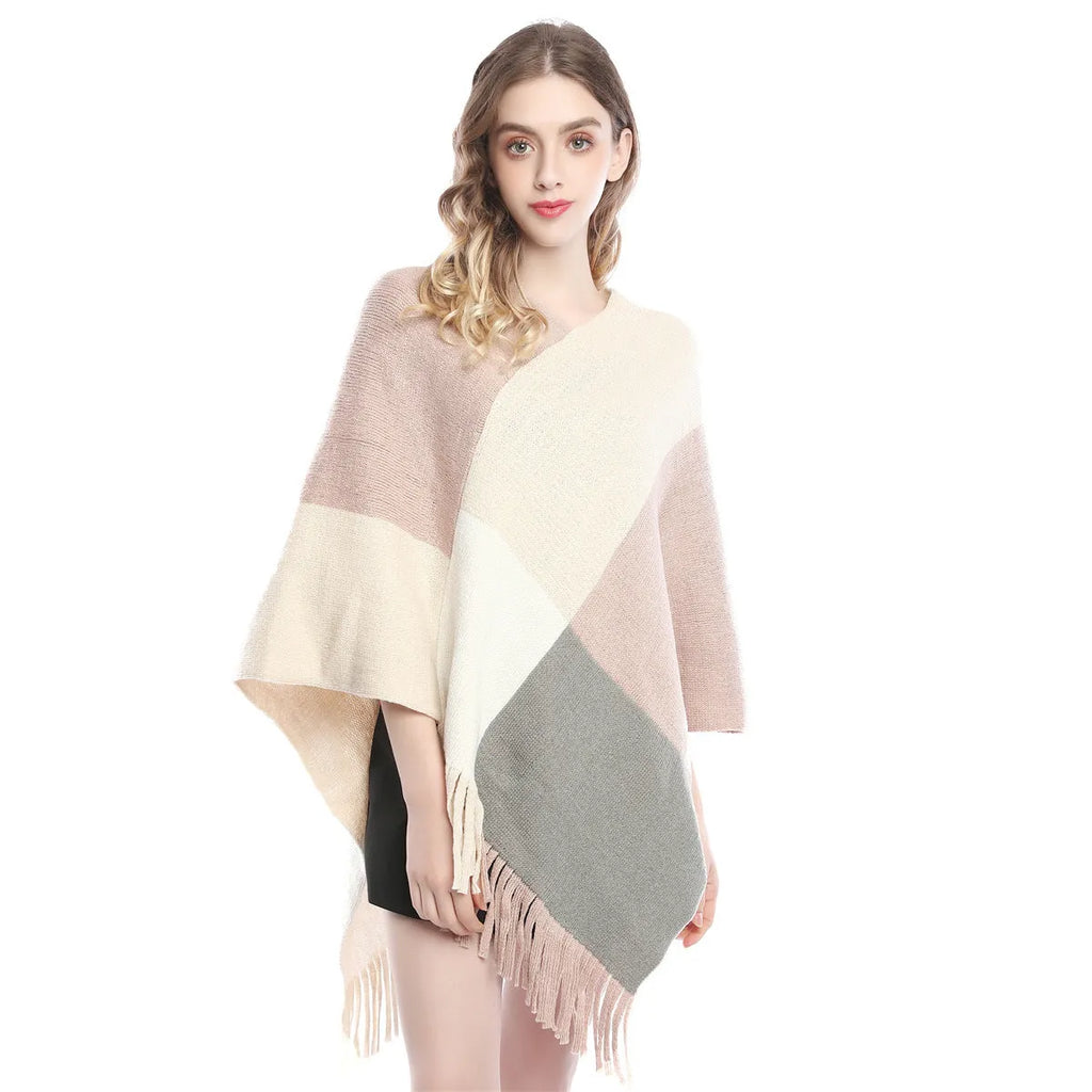 Women's plaid knitted shawl cape with colour contrast patchwork, 60-80cm length, acrylic and artificial wool.