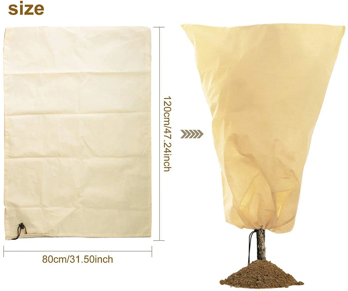 Adjustable, breathable plant cover in beige fabric to protect outdoor plants from winter frost and harsh weather