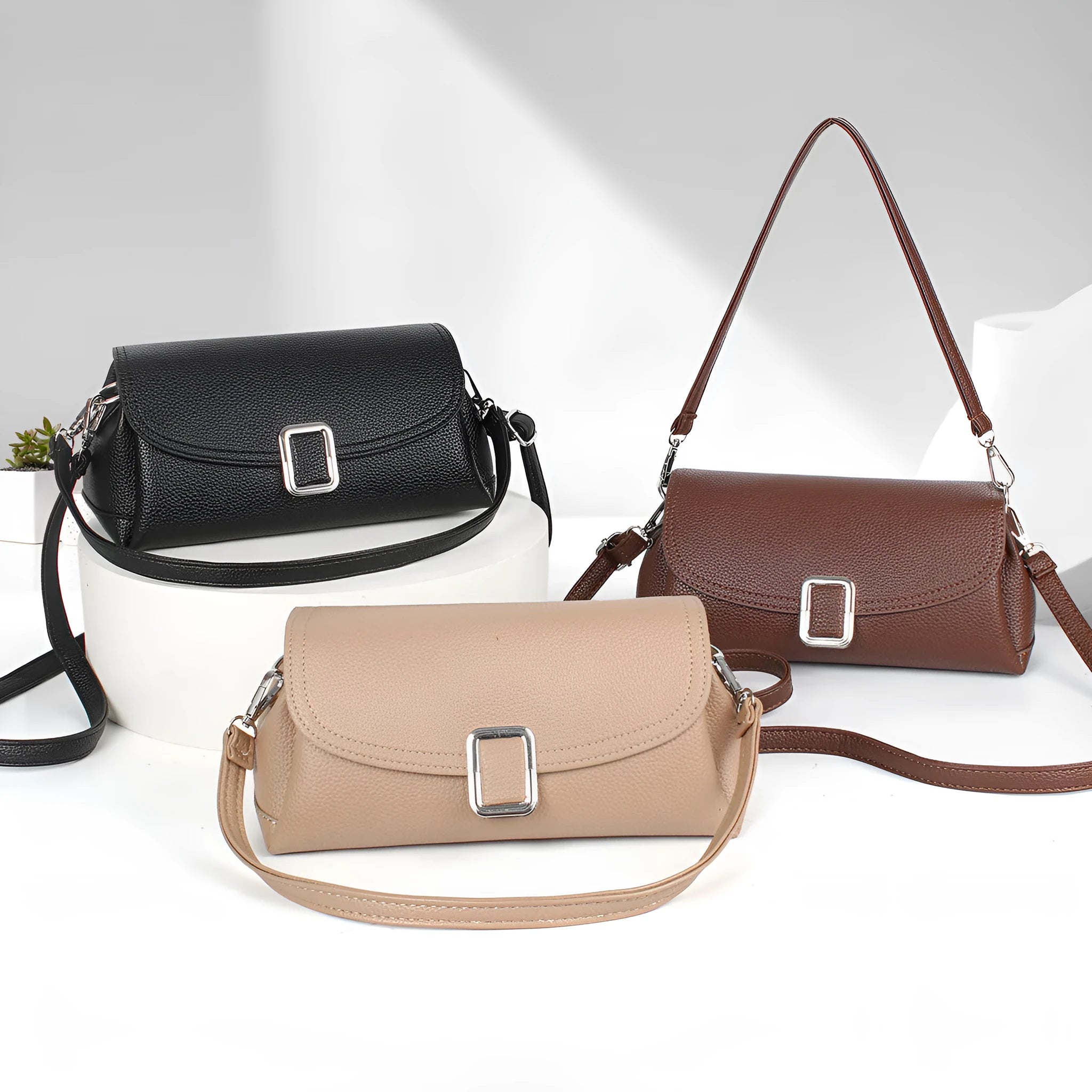 Women's PU leather shoulder handbag in crossbody design with adjustable strap showing beige colour option