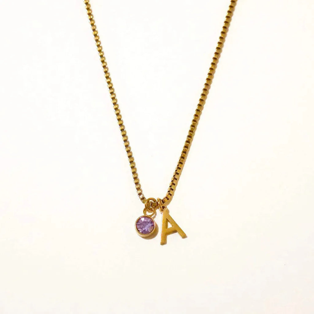 Stainless steel birthstone first letter necklace with O-ring chain, titanium steel pendant, gold or silver finish