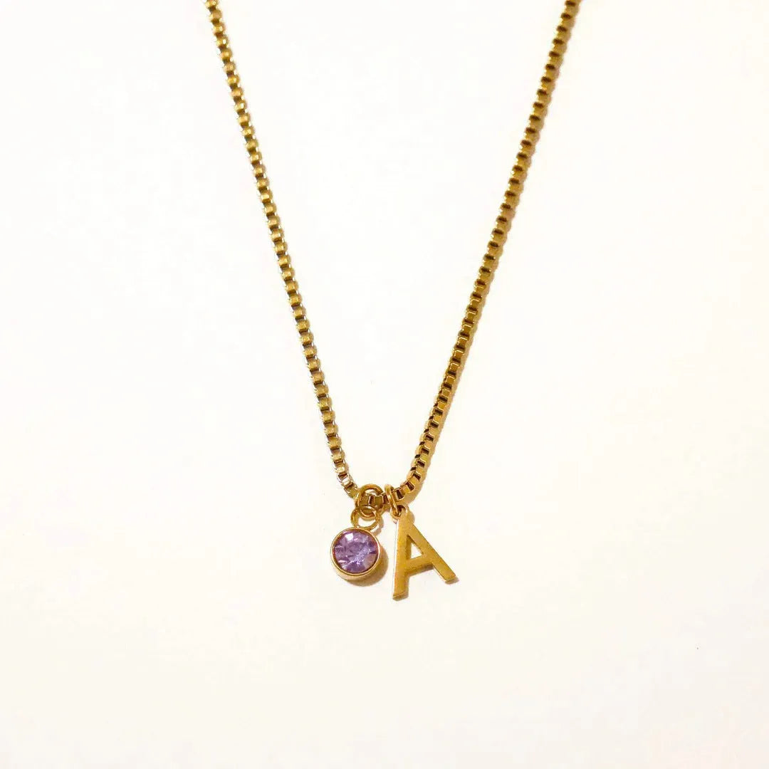 Stainless steel birthstone first letter necklace with O-ring chain, titanium steel pendant, gold or silver finish