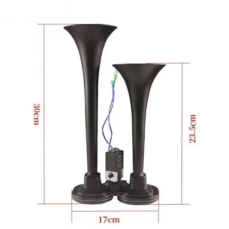 Black dual trumpet air horn and compressor kit for 12V and 24V vehicles