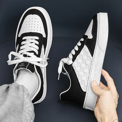 Stylish lace-up casual sneakers for men in plaid design with breathable mesh lining and rubber sole