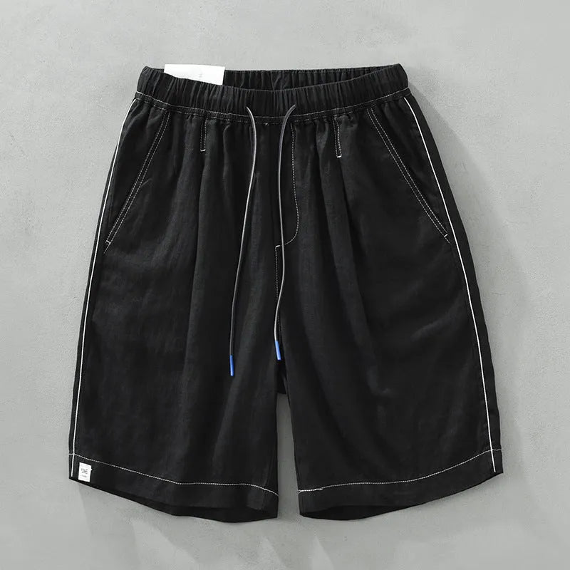 Men's green linen straight shorts with drawstring waist on hanger