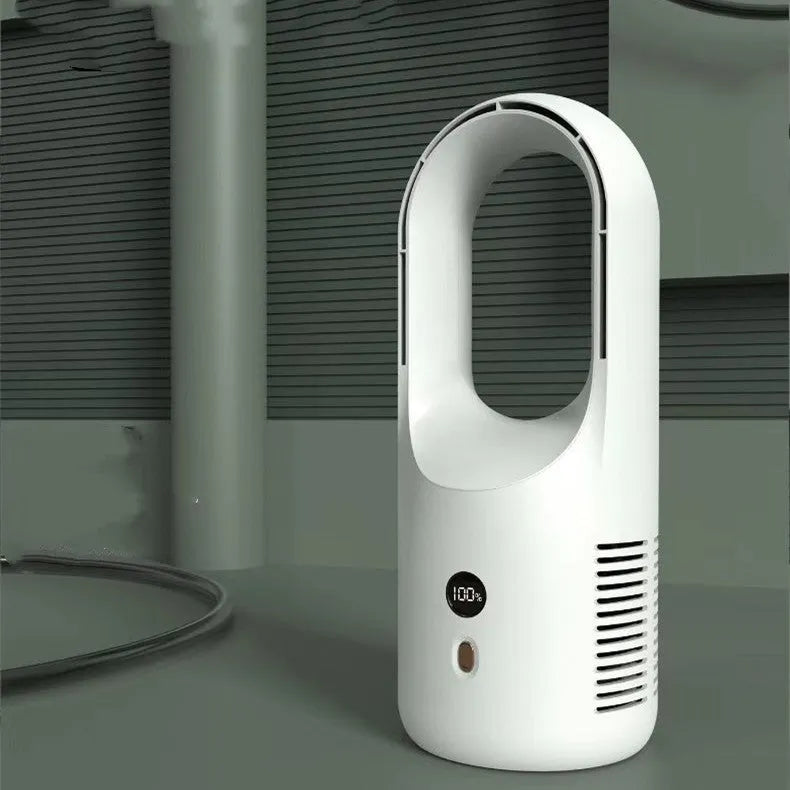 White bladeless desktop fan with LED display, shown on a wooden desk