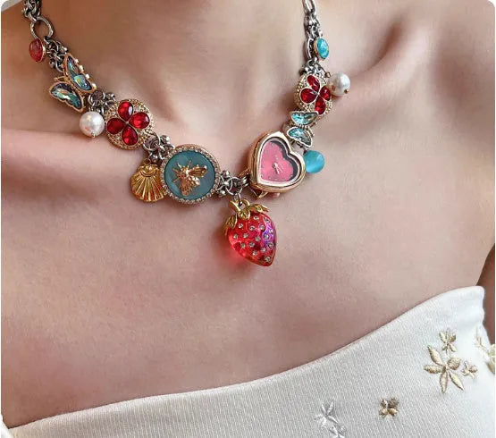 Red titanium steel necklace with strawberry, clock and butterfly charms, 1pc online exclusive accessory