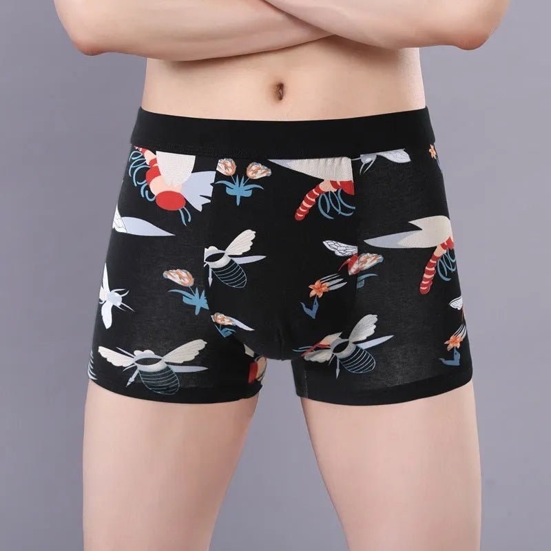 Men's purified cotton boxer shorts with floral pattern and U-shaped convex design in extended sizes
