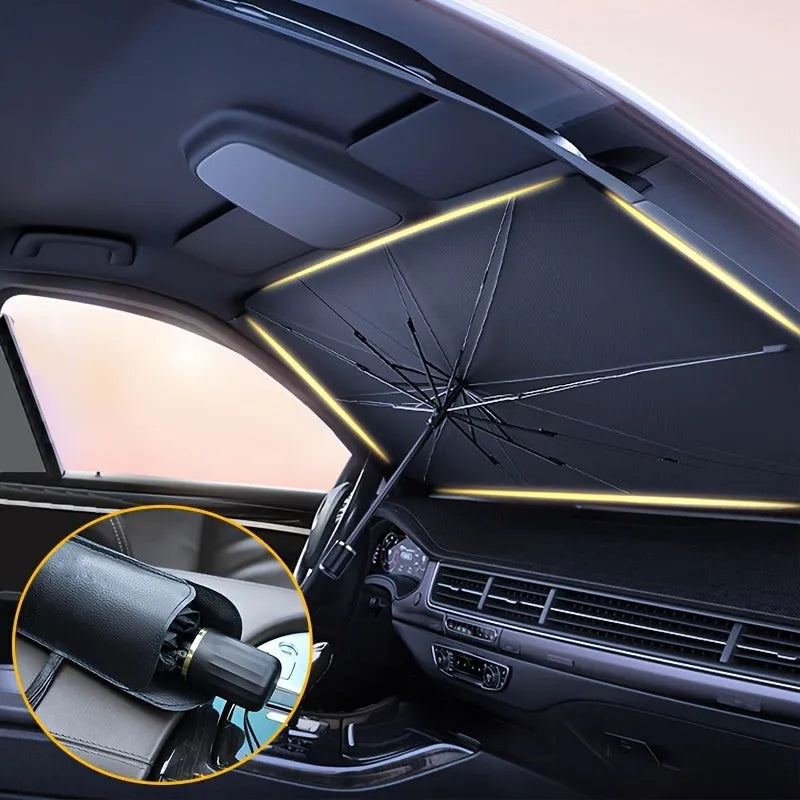 Foldable car windshield sunshade umbrella shown open against a car windscreen and folded compactly.
