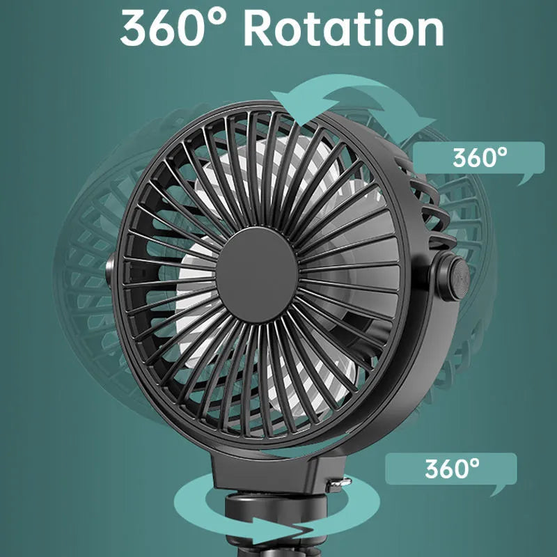 Black flexible tripod clip-on fan with 2000mAh battery and three speed settings