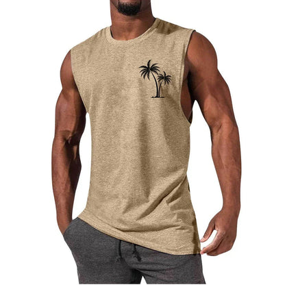 Stylish tropical tank top with coconut tree embroidery design, ideal for summer workouts and active lifestyles.