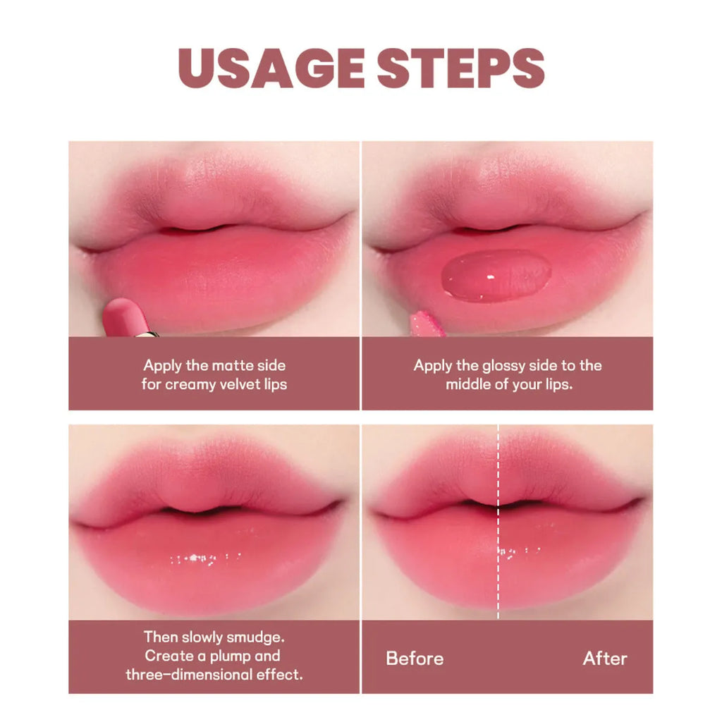 Double-headed lipstick with matte and glossy ends in ten colour options