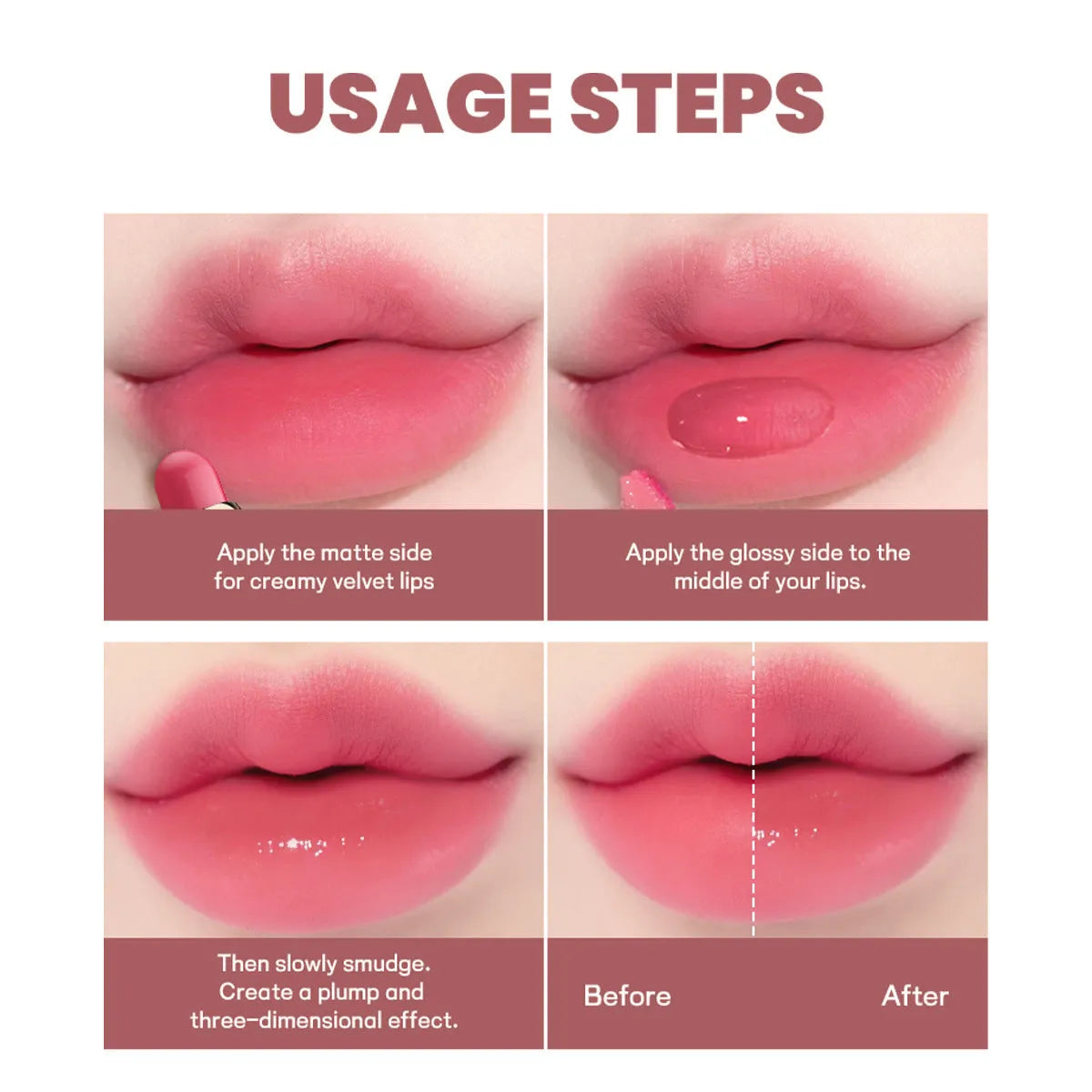 Double-headed lipstick with matte and glossy ends in ten colour options