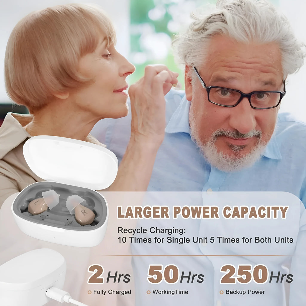 Portable in-ear hearing aid sound amplifier with USB charging, plastic body, colour options