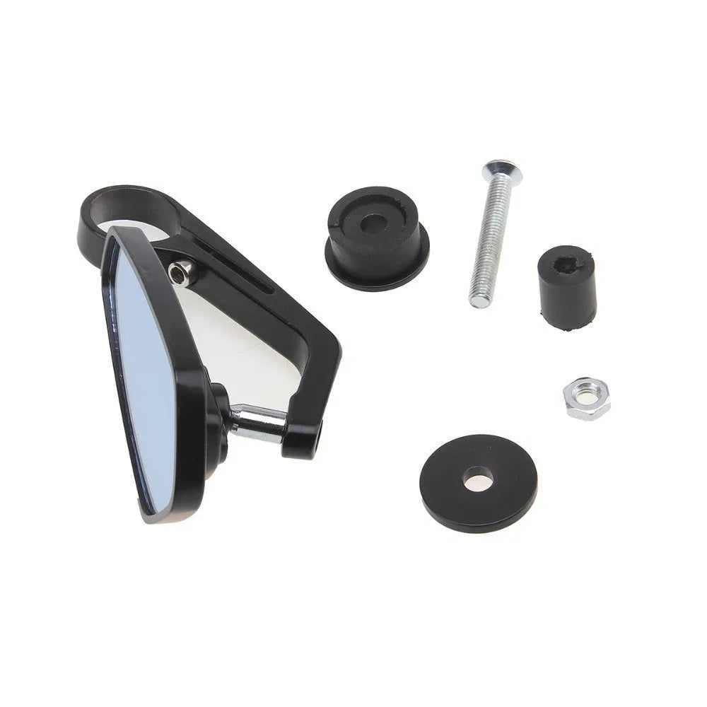 Pair of diamond-shaped aluminium motorcycle mirrors with blue anti-dazzle glass on a motorcycle handlebar