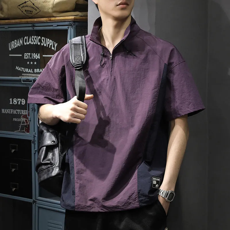 Brown men's Ice Silk half-zip shirt with stand collar and short sleeves laid flat