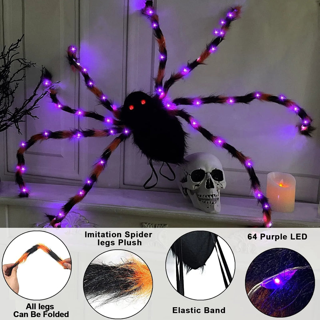 Halloween spider backpack with LED lights in plush sugar bag design, shown in multiple colour options.