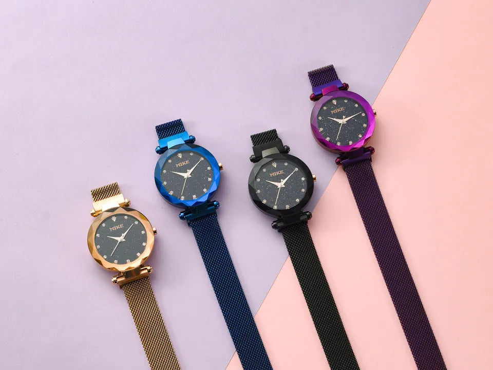 Women's waterproof quartz watch with 33mm dial, stainless steel Milan belt or steel band, single folding buckle, available in rose gold, purple, blue or black.