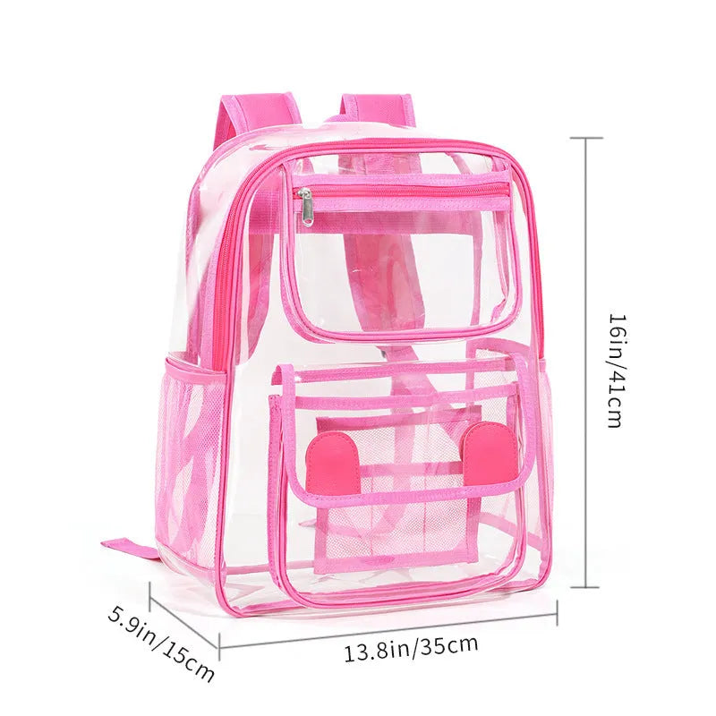 Transparent PVC backpack in multiple colours including black, grey, rose red and sapphire blue