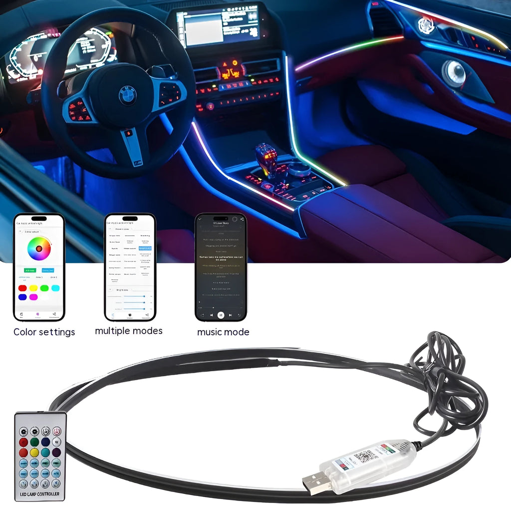 Car interior ambient lighting strip with remote control and USB connection for colour-changing LED effects