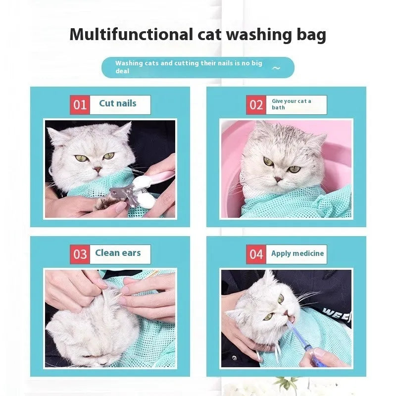 Pink and white detachable cat grooming bag with scratch-resistant fabric next to a miracle baby sponge.
