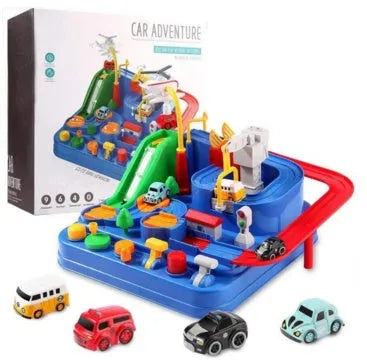 Big Adventure Parking Lot Rail Car Toy Track Set with plastic tracks, cars, and handle remote control.