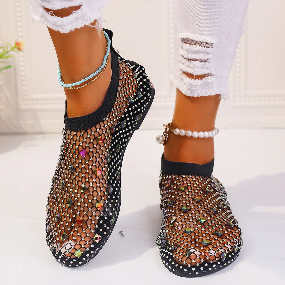 Women's colourful rhinestone mesh flat sandals with round toes and rubber soles