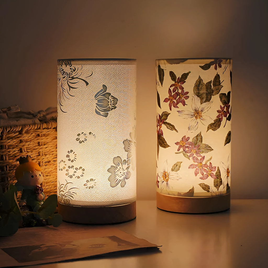 Creative floral table lamp with fabric shade, 3W LED warm light, and remote control for bedside or study