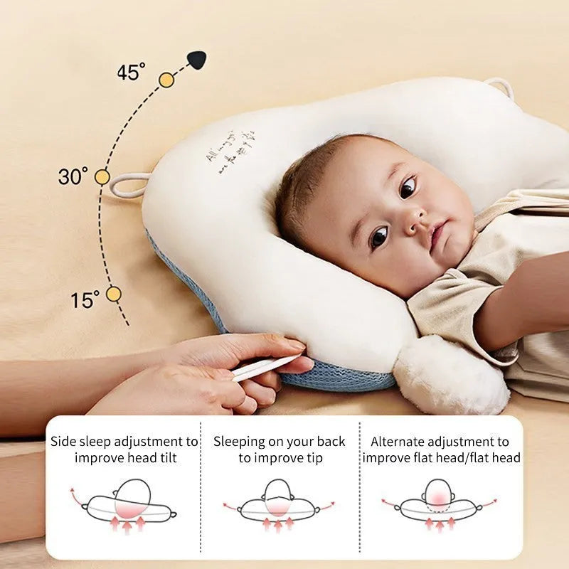 Blue and white U-shaped baby head shaping pillow with a pure cotton cover