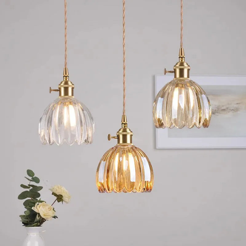 Nordic style vintage glass flower chandelier for bedroom bedside lighting in amber colour