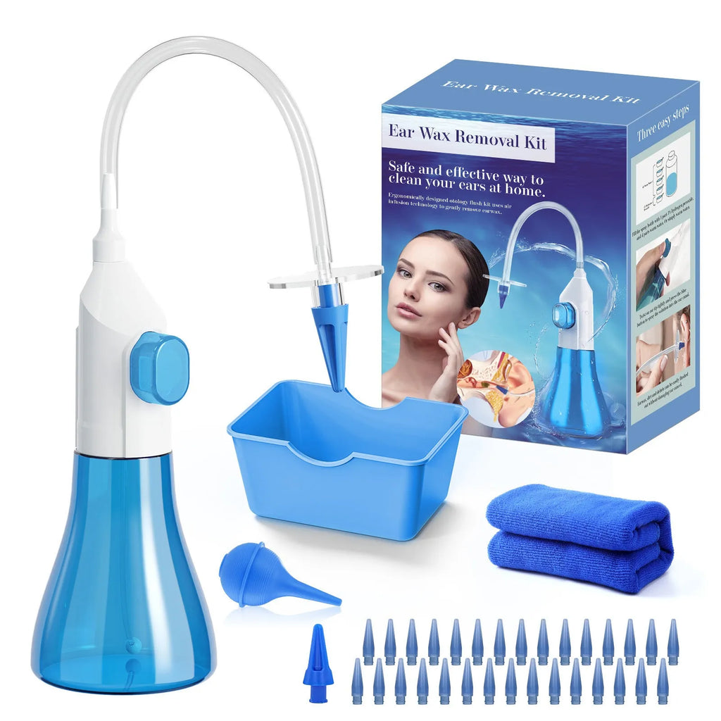E20 Blue portable manual ear wash tool with water basin, one-hole nozzles and five-hole nozzle on host