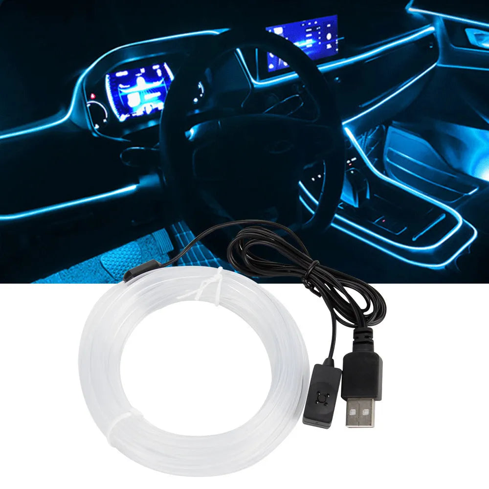 Colourful RGB LED car ambience light strip with USB plug, showing flexible PVC construction.