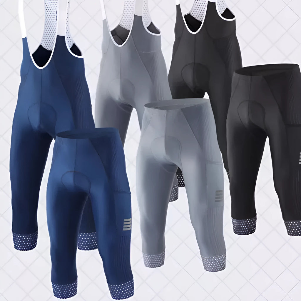 Black shock-absorbing cycling pants with seven-inch length and double pockets for road and mountain biking