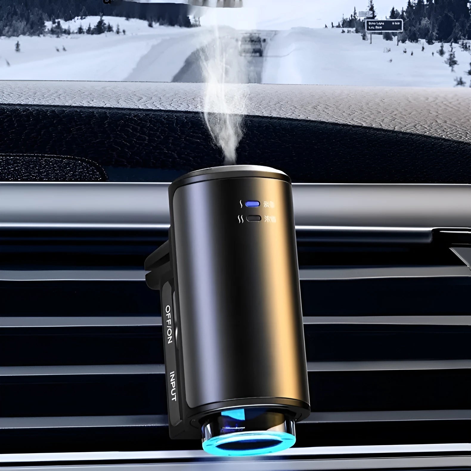 Obsidian black smart car aroma diffuser clipped onto a car air vent
