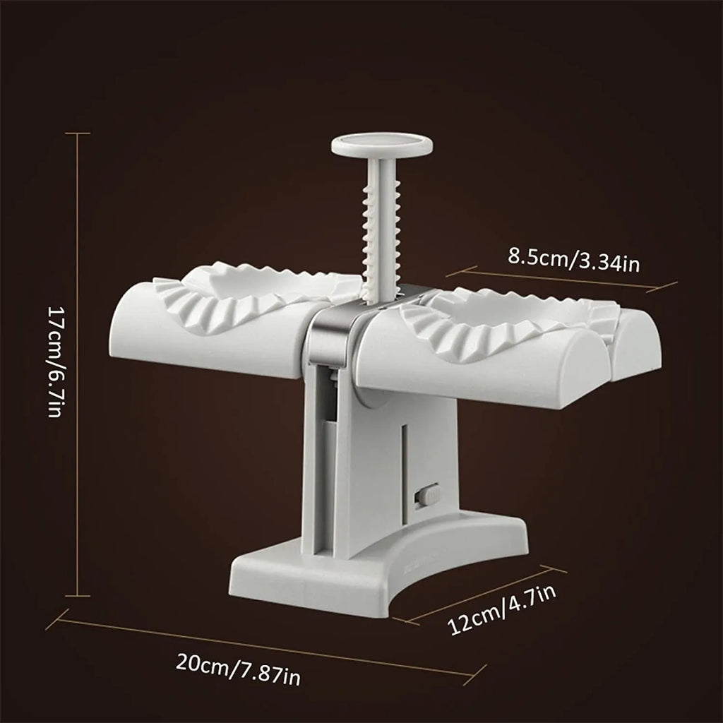 White double-head manual dumpling press with stainless steel mould and plastic handles